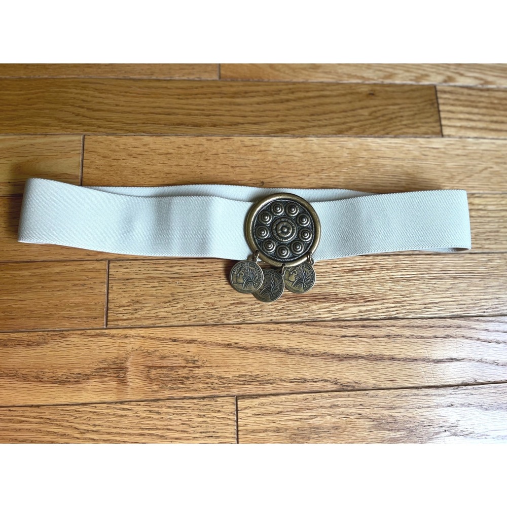 Vintage Made in USA Elastic Cinch Belt Large Off White Brass French Coin Charms